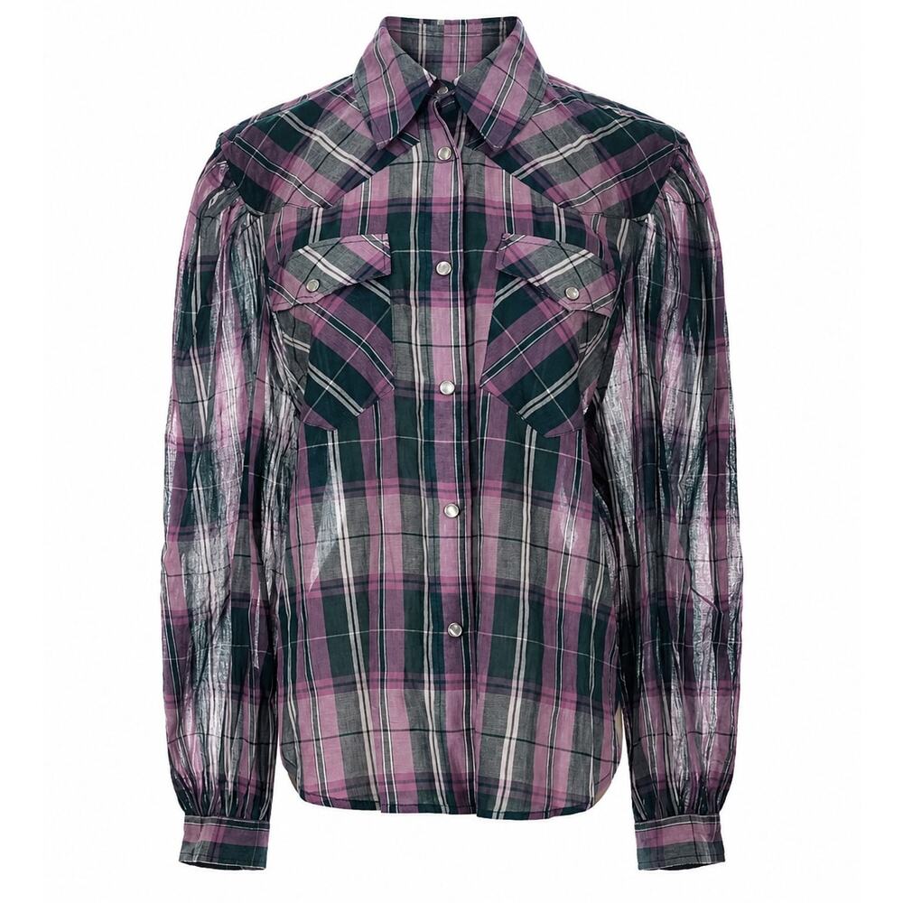 Étoile Isabel Marant Organic Cotton Plaid Western Snap Shirt Purple FR 36 US 4